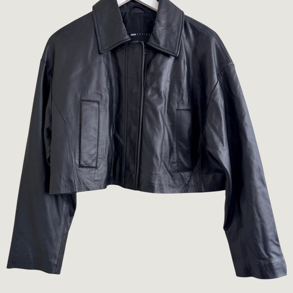 ASOS Design Womens Size US 0 Black Real Leather Cropped Bomber Jacket Oversized